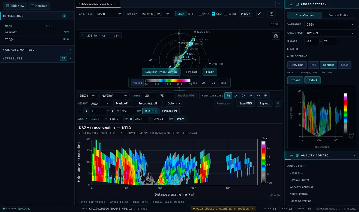 Radarx cross-section, dark theme: a line drawn on the PPI and the vertical section below it with height and distance axes
