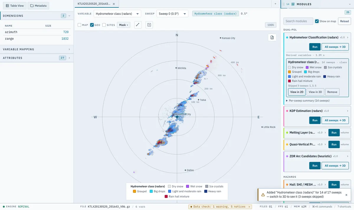 Radarx 2D view, light theme, showing hydrometeor classes from an algorithm, with the Modules panel open