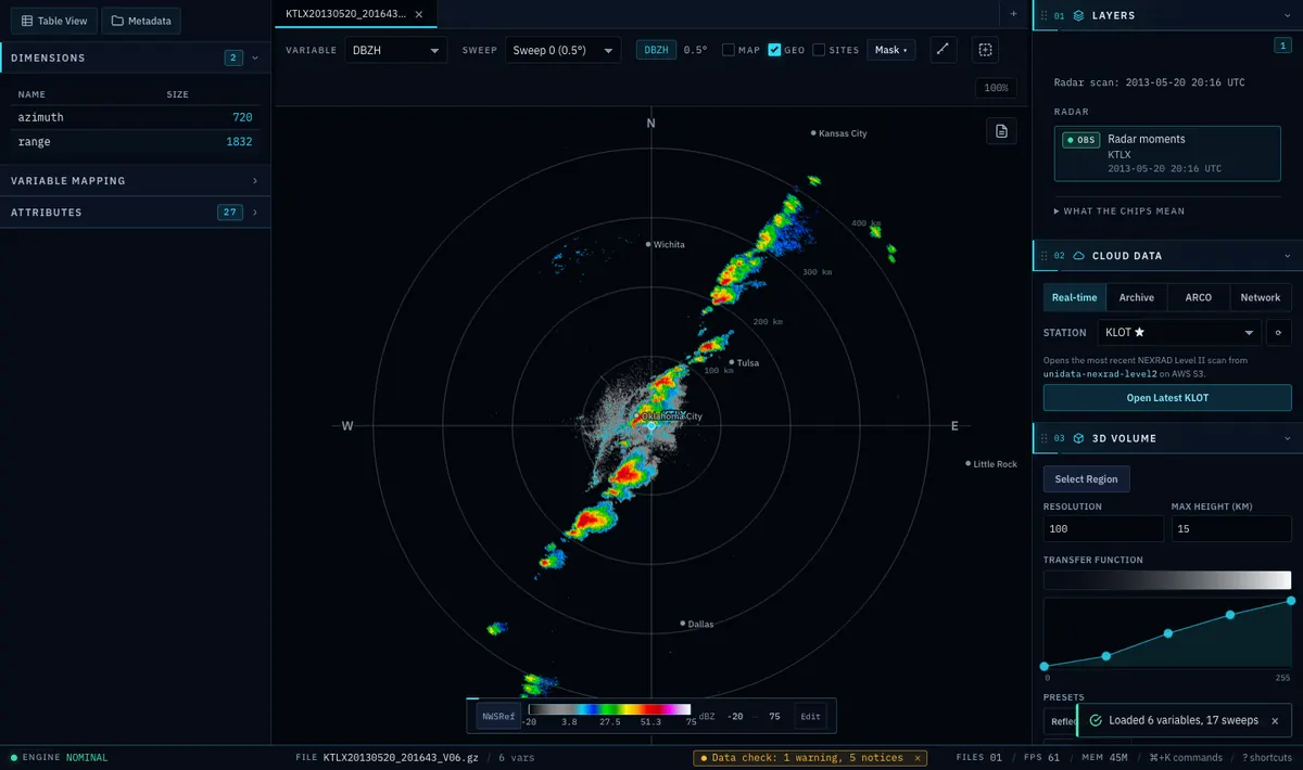 Radarx 2D view, dark theme: reflectivity of a squall line, with the range rings and a colour bar