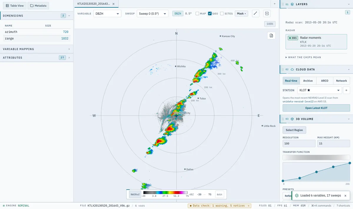 Radarx 2D view, light theme: reflectivity of a squall line, with the range rings and a colour bar