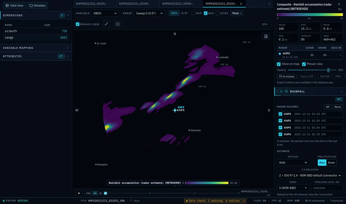 Radarx rainfall panel, dark theme: an accumulation map labelled as a radar estimate with its colour scale in millimetres