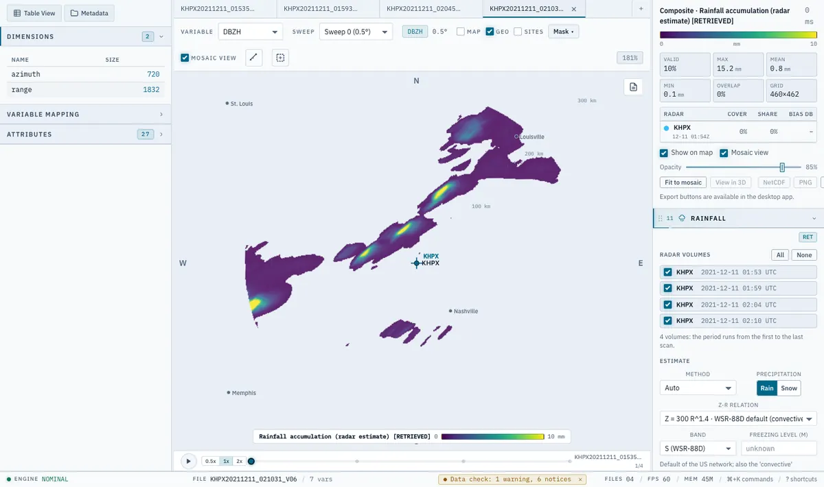 Radarx rainfall panel, light theme: an accumulation map labelled as a radar estimate with its colour scale in millimetres