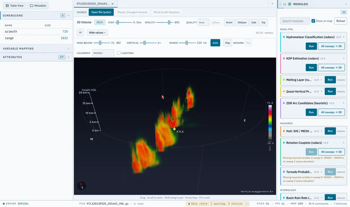 Radarx 3D view, light theme: a ray-marched volume of the Oklahoma squall line with a height axis