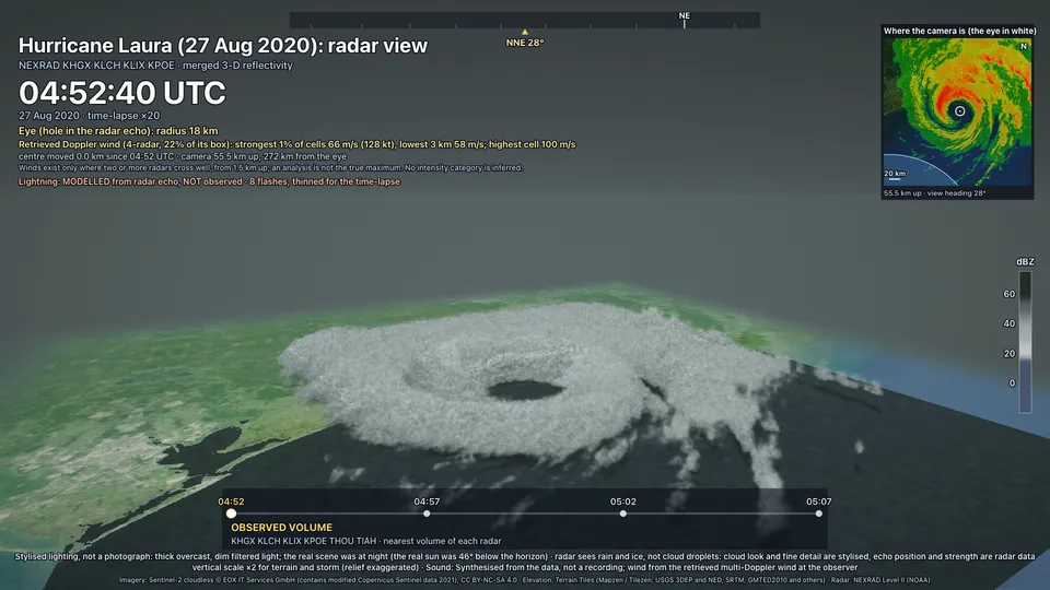 A frame from the film: a 3D view of Hurricane Laura's eye and rain bands with a map inset and the labels on screen