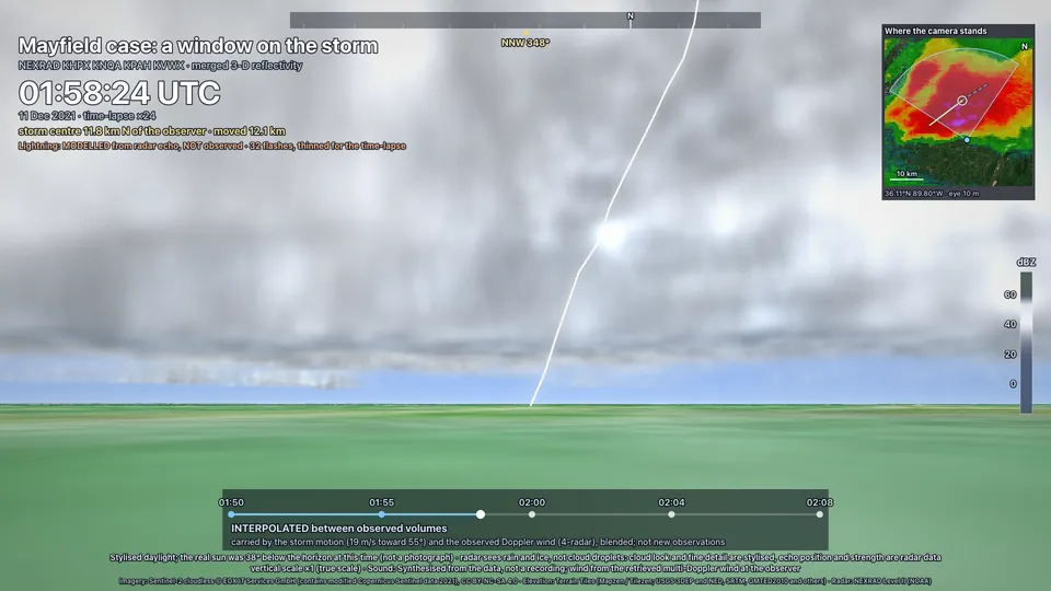 A frame from the film: a ground-level view of a storm cloud over flat fields with a map inset and the labels on screen